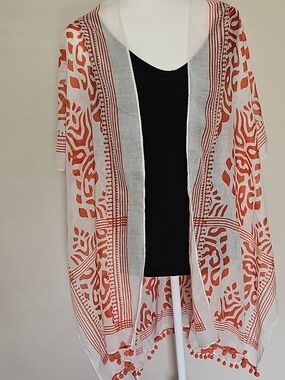 White Swim Coverup Kimono with Orange Pattern and Pom Trim